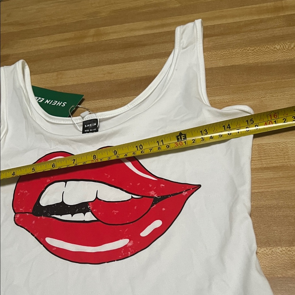 #063* White Tank Top with Bold Red Lips Graphic (Small) - Picture 5 of 6